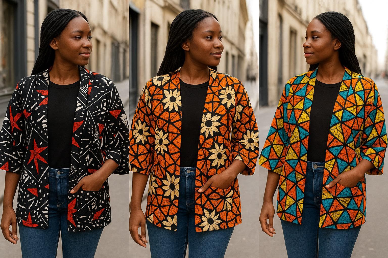 Three models wearing LizArtworks ankara-print jackets on a Turku street