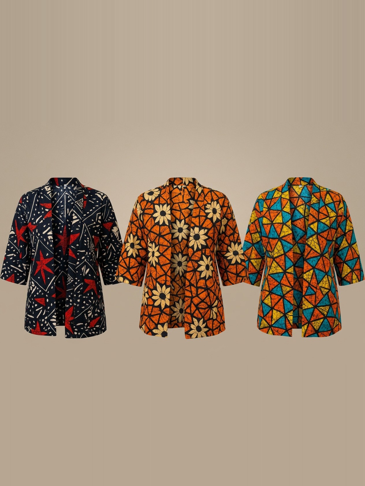 Three LizArtworks Finland OY ankara print jackets, handcrafted from wax-print fabric