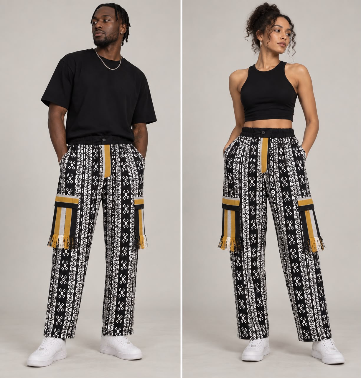 Aso-Oke Utility Trousers – Black, White & Gold - Image 1